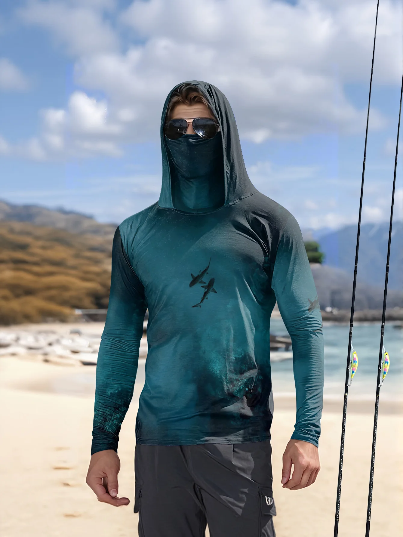 UPF50+ Men Fishing Hoodie With - Fishing Mask Sun Protection ulasan dan harga